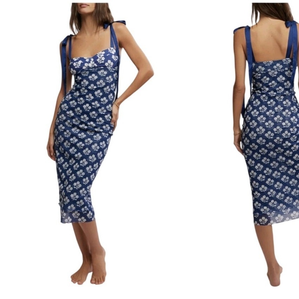 Free People Intimately Blue White Floral Tie Shoulder Mesh Midi Dress Large